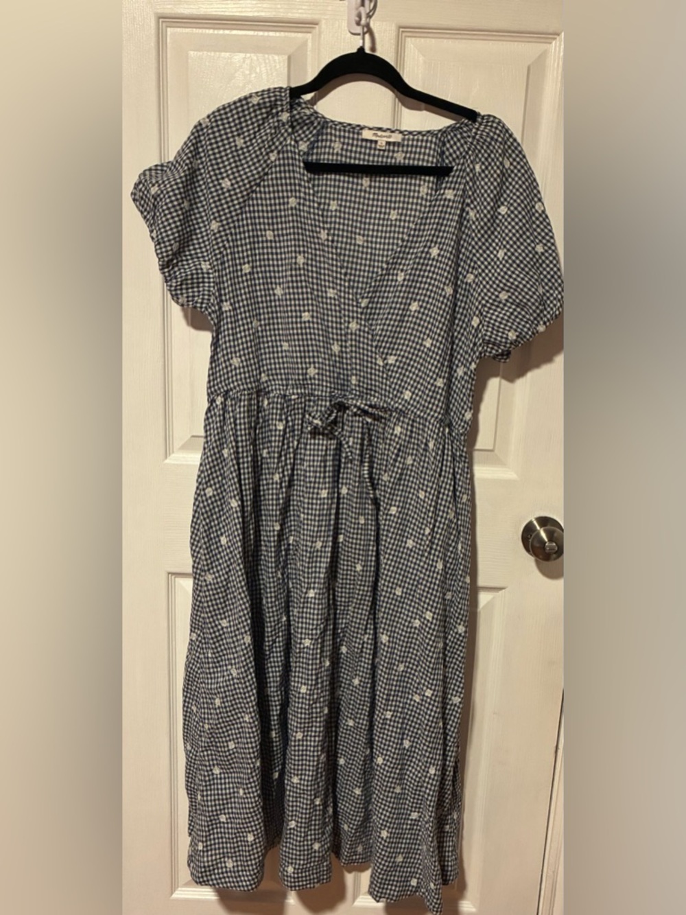 Madewell Embroidered Gingham Faux-Wrap Tie-Waist Midi Dress size large - Picture 6 of 7